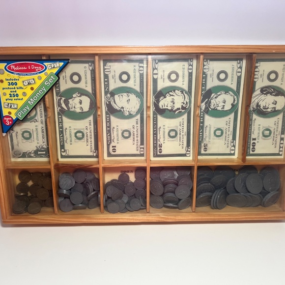 Mellisa & Doug Play Money Money Set Wooden Cash Drawer With Bills and Coins - Picture 3 of 3